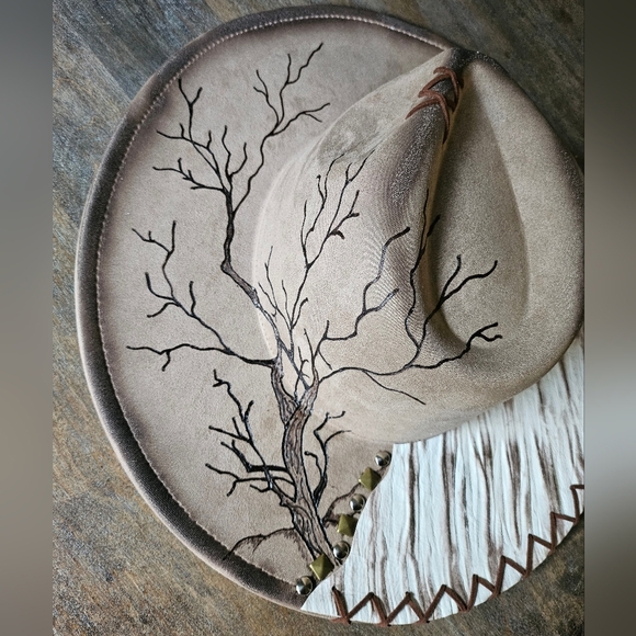 NWT Mocha Hand Burned Western Fedora Cowboy Hat With Genuine Leather
